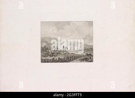 Prinz von Orange führt die holländischen Truppen in Quatre-Bras, 1815. Willem Frederik George, Prinz von Oranien, führt den Angriff der niederländischen Truppen auf die Franzosen in der Schlacht von Quatre-Bras am 16. Juni 1815 an. Teil einer Gruppe von Illustrationen von Ereignissen rund um und während der Kämpfe in Quatre-Bras und Waterloo, 16-18. Juni 1815. Stockfoto