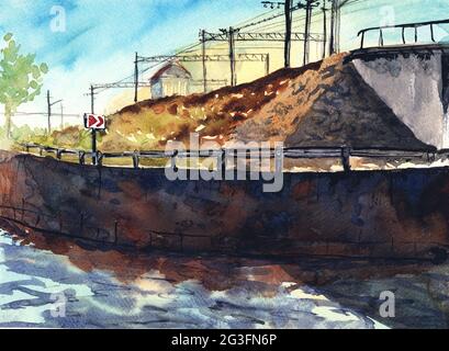 Handgezeichnete Skizze der Eisenbahnbrücke. Aquarelldarstellung Stockfoto