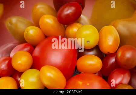 Verschiedene Farben und Größen von Tomaten in einer Metallschale Stockfoto