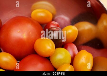 Verschiedene Farben und Größen von Tomaten in einer Metallschale Stockfoto