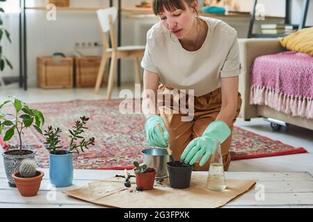 Junge Frau, die auf dem Boden sitzt und Pflanzen in die Töpfe im Zimmer pflanzt Stockfoto