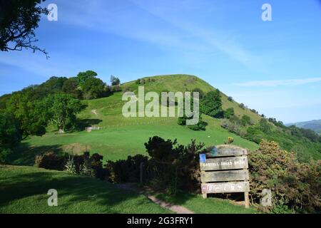 Castell Dinas Bran um 1260, auf dem Gelände eines bronzezeitalterlichen Hügels mit Blick auf den Llangollen mit Blick auf die Berwyn und die Clydian Ranges im Sommer. Stockfoto