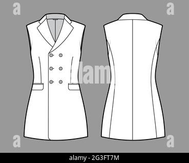 Ärmellose Jacke Revers Weste technische Mode-Illustration mit zweireihigen taillierten Body, Taschen. Flache Schablone vorne, hinten, weiße Farbgebung. Damen, Herren Unisex TOP CAD Mockup Stock Vektor