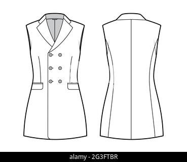 Ärmellose Jacke Revers Weste technische Mode-Illustration mit zweireihigen taillierten Body, Taschen. Flache Schablone vorne, weiße Farbgebung. Damen, Herren Unisex TOP CAD Mockup Stock Vektor