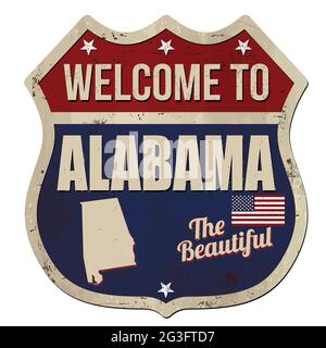 Nach Alabama vintage rostiges Metall Zeichen auf weißem Hintergrund Willkommen, Vector Illustration Stock Vektor