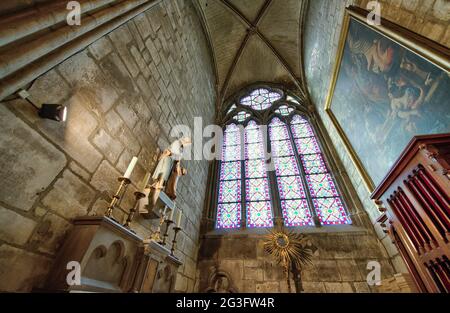 Paris, Frankreich - berühmte Kathedrale Notre Dame innen, schöne Weitwinkelansicht. UNESCO-Weltkulturerbe. Stockfoto