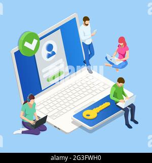 Isometrische Authentifizierung in zwei Schritten auf dem Computer. Sicherheits-Login oder -Anmeldung für Smartphone und Computer, zweistufische Verifizierung über Mobiltelefon und Laptop Stock Vektor