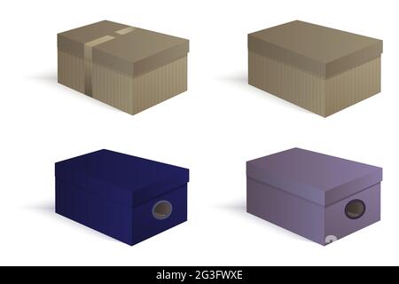 Set aus Pappkartons für Schuhe und Geschenke. Mit geschlossenen Deckeln und Belüftungsöffnungen. Isoliert auf weißem Hintergrund. Vektorgrafik. Stock Vektor