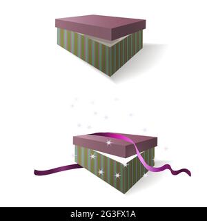 Grün gestreifte offene Geschenkboxen mit Deckel, leer und mit Überraschung. Isoliert auf weißem Hintergrund. Vektorgrafik. Stock Vektor