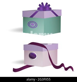 Geschenkschachteln für Glückwünsche, mit Bändern, Schleifen und Dekorationen. Isoliert auf weißem Hintergrund. Vektorgrafik. Stock Vektor