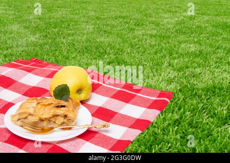 Apfelrolle serviert. Ein Stück hausgemachter frischer Apfelstrudel und ein frischer Apfel auf rotem Picknicktuch über verschwommenem Naturrasenwiesenhintergrund. B Stockfoto