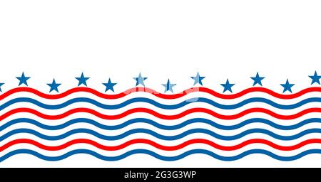 Komposition aus blauen Sternen mit blauen Sternen und roten Wellenlinien der amerikanischen Flagge auf weißem Hintergrund Stockfoto