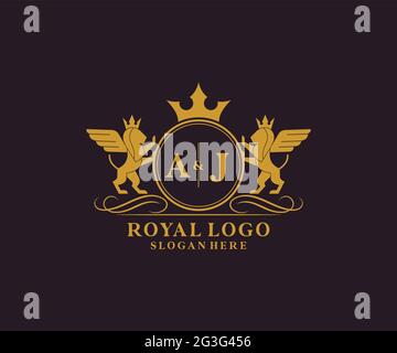 AJ Letter Lion Royal Luxury Heraldik, Crest Logo Vorlage in Vektorgrafik für Restaurant, Royalty, Boutique, Cafe, Hotel, Heraldik, Schmuck, Mode und Stock Vektor