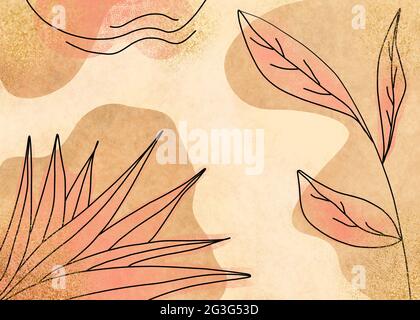 Abstrakter Grunge-Aquarell-Hintergrund in Rosa- und Erdtönen mit goldenem Glitzer im Line-Art-Stil. Luxuriöse Tapete mit Blumen und Aquarellfarben. Stockfoto