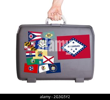 Kunststoffkoffer verwendet mit Flecken und Kratzer Stockfoto