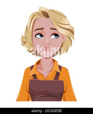Gesichtsausdruck der schönen Barista, müde. Weibliche Emotionen. Niedliche Zeichentrickfigur. Vektorgrafik Stock Vektor