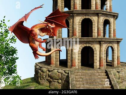 3D-Darstellung eines Märchendrachens und eines mittelalterlichen Turms Stockfoto