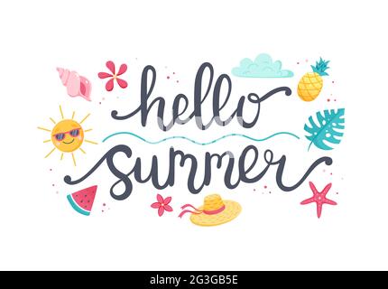 Sommer-Schriftzug und niedliche Strandelemente Sonne, Blumen, Muschel, Früchte. Handgezeichnete flache Cartoon-Elemente. Vektorgrafik Stock Vektor