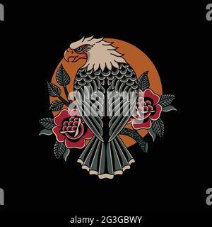 Illustration Vektor Adler mit Rosen im traditionellen Tattoo Stil Stock Vektor