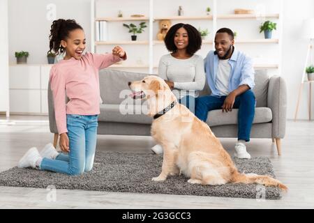 Happy black girl giving a treat to her labrador Stockfoto