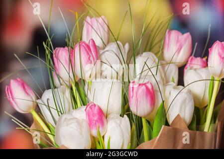 Echt hübsches Bouquet aus weißen und rosa Tulpen für beste fröhliche Stimmung Stockfoto