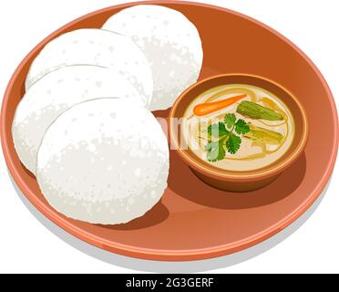 Vektordarstellung von Idli, südindisches Hauptfrühstück, das wunderschön auf einem Teller mit Sambar als Beilage angeordnet ist. Stock Vektor