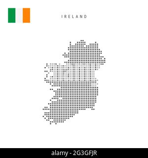 Karte mit quadratischem Punktmuster von Irland. Irische gepunktete Pixelkarte mit isolierter Nationalflagge auf weißem Hintergrund. Vektorgrafik. Stock Vektor