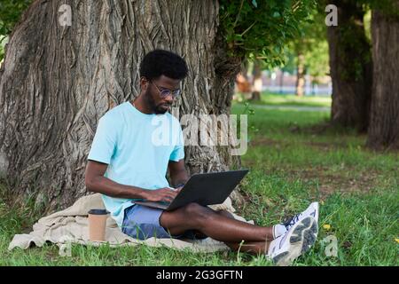 Afrikanischer Mann sitzt auf dem Gras und arbeitet online mit Laptop im Freien Stockfoto