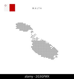 Karte mit quadratischen Punkten und Muster von Malta. Maltesische gepunktete Pixelkarte mit isolierter Nationalflagge auf weißem Hintergrund. Vektorgrafik. Stock Vektor