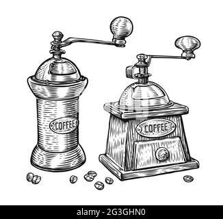 Kaffeemühlen-Set. Handgezeichnete Vintage-Skizze im Gravurstil Stock Vektor