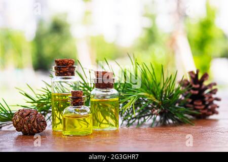 Zeder und ätherisches Öl in kleinen Glasflaschen auf hölzernen Hintergrund Fichte. Selektiver Fokus Stockfoto