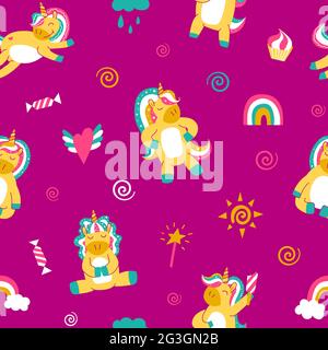 Nahtloses Muster mit niedlichen Regenbogen-Einhörnern. Modischer Druck für Kinder im Textildesign. Vektorgrafik. Stock Vektor