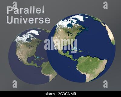 3D-Darstellung des Drehbuchs des Paralleluniversums unter einem 3D-Modell der Welt, das die Erde aus dem Weltraum zeigt, zusammen mit einer halbtransparenten Kopie dieses Modells. El Stockfoto
