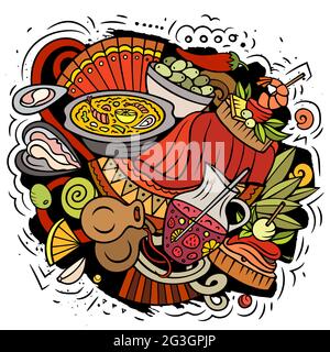 Spanien handgezeichnete Cartoon Doodle Illustration. Lustige spanische Elemente und Objekte Design. Kreative Kunst Vektor Hintergrund Stock Vektor