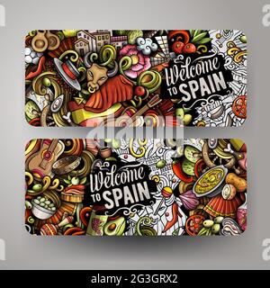 Cartoon Vektor Doodle Satz von Spanien Banner Vorlagen. Corporate Identity für die Verwendung auf Einladungen, Karten, Apps, Branding, Flyern, Grußkarten, po Stock Vektor