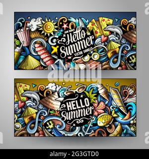 Cartoon Vektor Doodle Set von Sommer Strand Banner Vorlagen. Corporate Identity für die Verwendung auf Einladungen, Karten, Apps, Branding, Flyern, Begrüßung ca. Stock Vektor