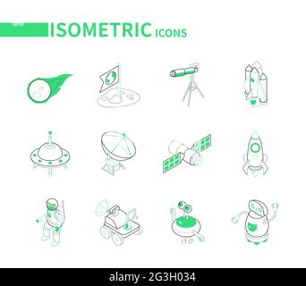 Space Exploration - Linie bunte isometrische Symbole auf weißem Hintergrund gesetzt. Galaxie, Astronomie-Idee. Meteorit, Teleskop, Shuttle, ufo, Rakete, Satelli Stock Vektor