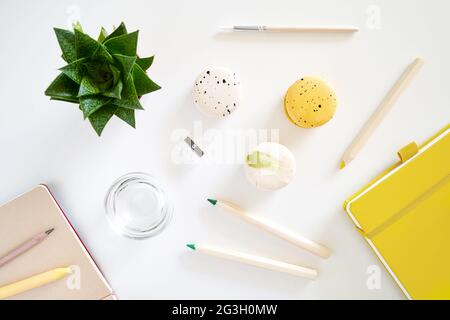 Flache Kunstgegenstände mit Makronen, Kaffee, Sukkulente, Notizblock auf Weiß Stockfoto