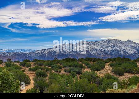 Blick auf die San Bernardino Mountains von der Mojave-Wüste in Heperia, CA Stockfoto