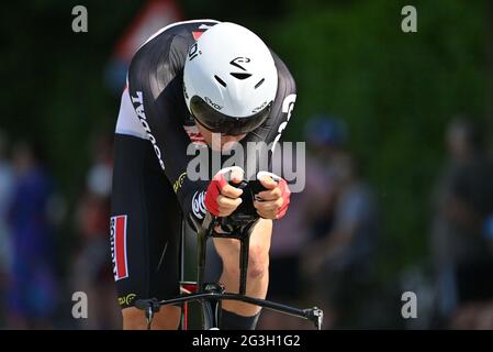 Der Belgier Florian Vermeersch von Lotto Soudal im Einsatz beim 37,6 km langen Elite-Einzelzeitfahren der Herren bei der belgischen Meisterschaft Stockfoto