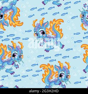 Nahtlose Vektor-Muster mit niedlichen Cartoon Wasserdrache, Fische und Blasen. Bunte Illustration Vektor blauen Hintergrund. Ferien am Meer Kinder concep Stock Vektor