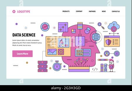 Vektor-Website lineare Kunst Design-Vorlage. Data Science und Machine Learning. AI-Computernetzwerk. Landing-Page-Konzepte für Websites und Mobilgeräte Stock Vektor