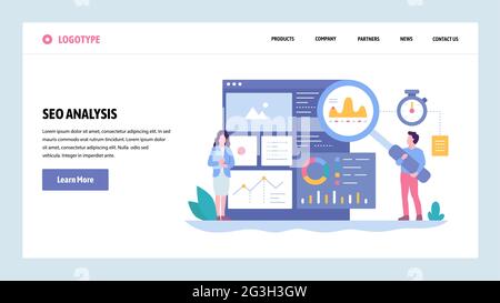 Vektor-Website Gradient Design-Vorlage. SEO-Analysen und -Optimierung. Online-Marketing und Keyword-Vorschläge. Landing-Page-Konzepte für Websites Stock Vektor