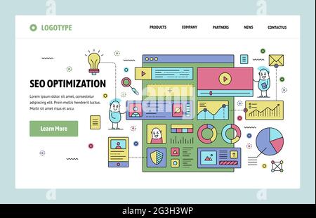 Vektor-Website lineare Kunst Design-Vorlage. SEO Suchmaschinen Optimierung und Content Marketing. Landing-Page-Konzepte für Websites und Mobilgeräte Stock Vektor
