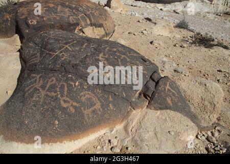 Alte Felszeichnungen von Tieren wie Gazelle, Kamel, Menschen gehen und reiten & griechische Buchstaben in der Patina eines Kalksteinfelsen in Nachal Zin, dem Negev Stockfoto