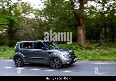 Den Finger. Ein Kind gibt einem Straßenfotografen den Finger vom hinteren Teil eines vorbeifahrenden Autos. Stockfoto