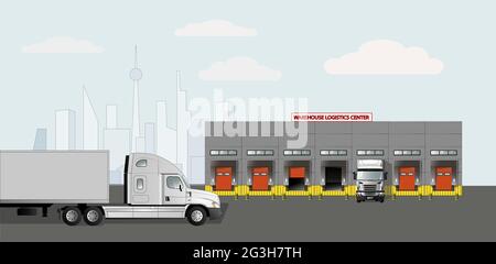 Lieferung der Waren auf dem Weg zum Lager-Logistikzentrum. Vektorgrafik flach Stock Vektor