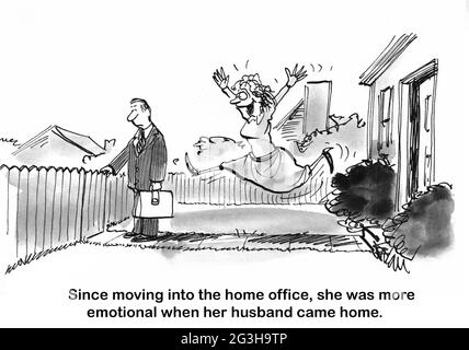 Die Frau, die zu Hause arbeitet, ist begeistert, ihren Mann zu sehen. Stockfoto