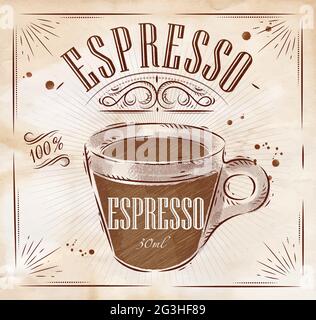Poster Kaffee Espresso in Vintage-Stil Zeichnung mit Kreide auf der Tafel Stock Vektor