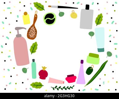 Skandinavischer Vektor-Satz von Kosmetika und Pflanzen. Farbkranz von Verpackungen, Flaschen, Tuben mit Kosmetik, Shampoo, Seife, Creme, Maske, Pflaster. Kopie sp Stock Vektor